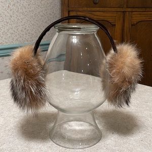 Women’s 100% Fox Fur Natural Color Muffs in a golden brown with velvet headb…